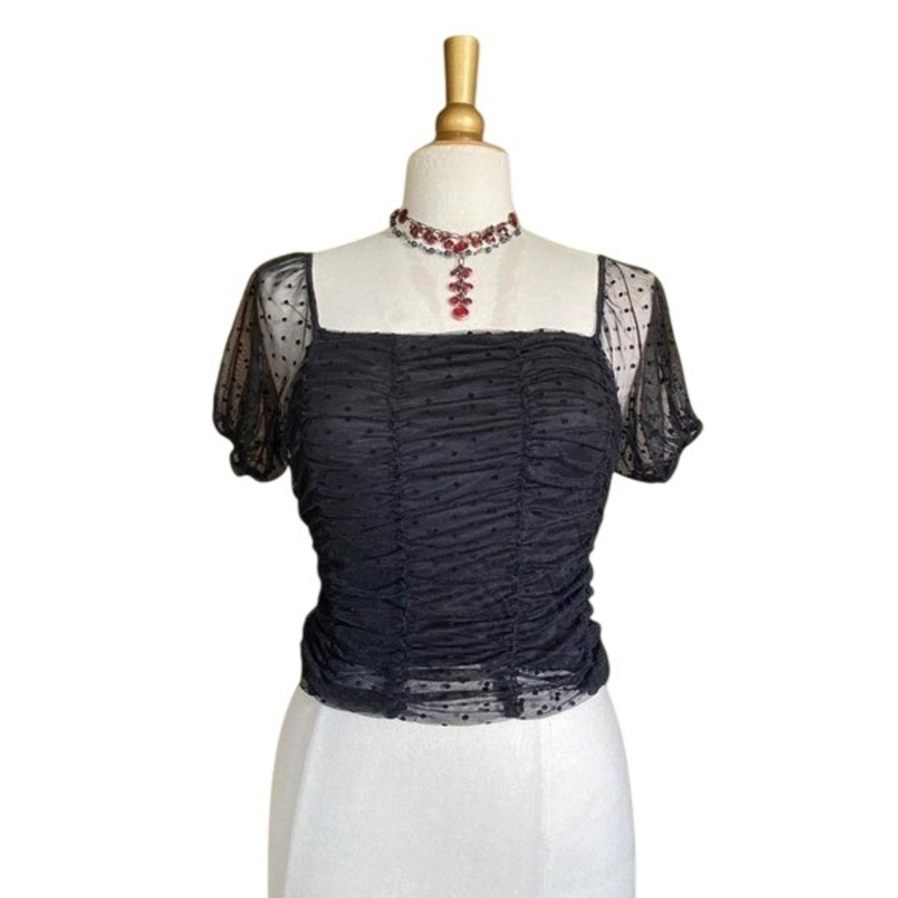 Ambiance Black Sheer Polka Dot Ruched Puff Sleeve Top Square Neck Sz Small Goth